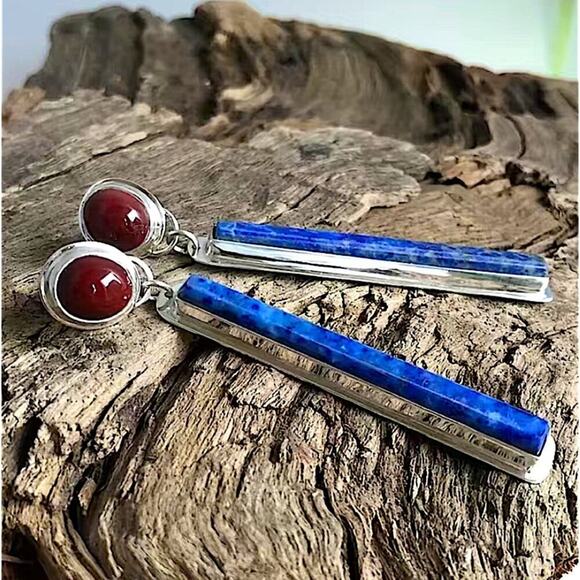 Handmade Silver Red Agate Lapis Lazuli Vintage Boho Long Vertical Earrings - Picture 2 of 5